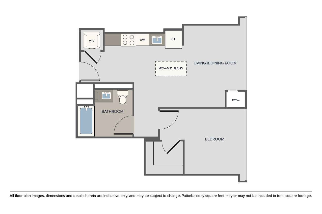 Floor plan for 1 bed, 1 bath, 645 sqft